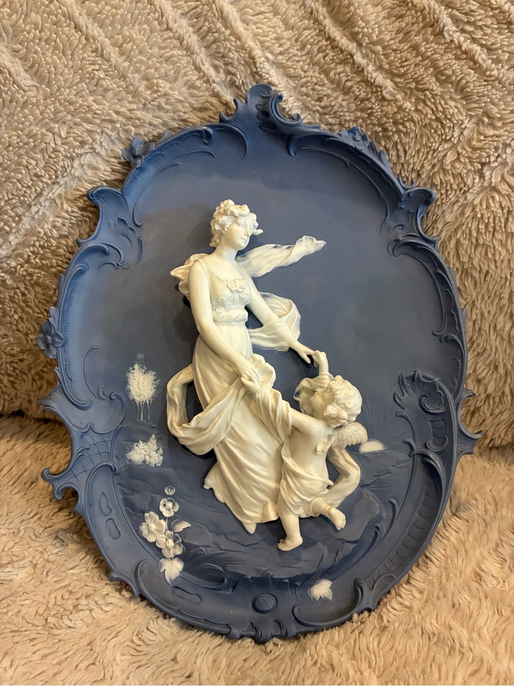 Blue and White Relief Porcelain with Classical Woman and Cherub